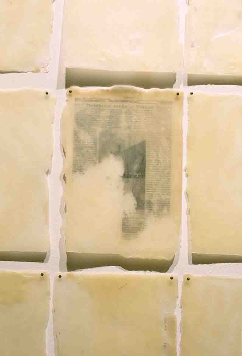 wax, book pages, map pins